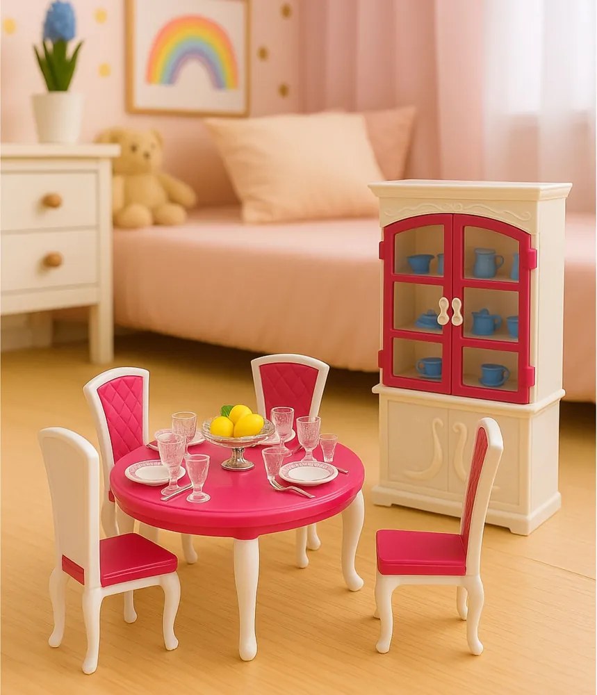 LEAN Toys Jedálenská súprava pre bábiky: stôl, stoličky, skrinka na riad