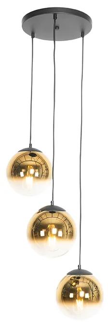 Art Deco závesné svietidlo čierne so zlatým sklom okrúhle 3-svetlo - Pallon