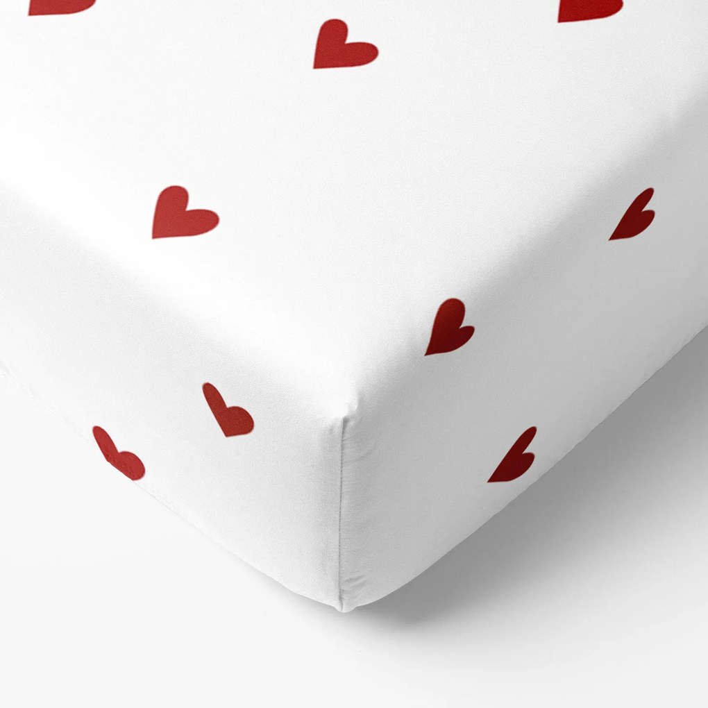 Goldea bavlnená napínacia plachta - červené srdiečka na bielom 180 x 200 cm