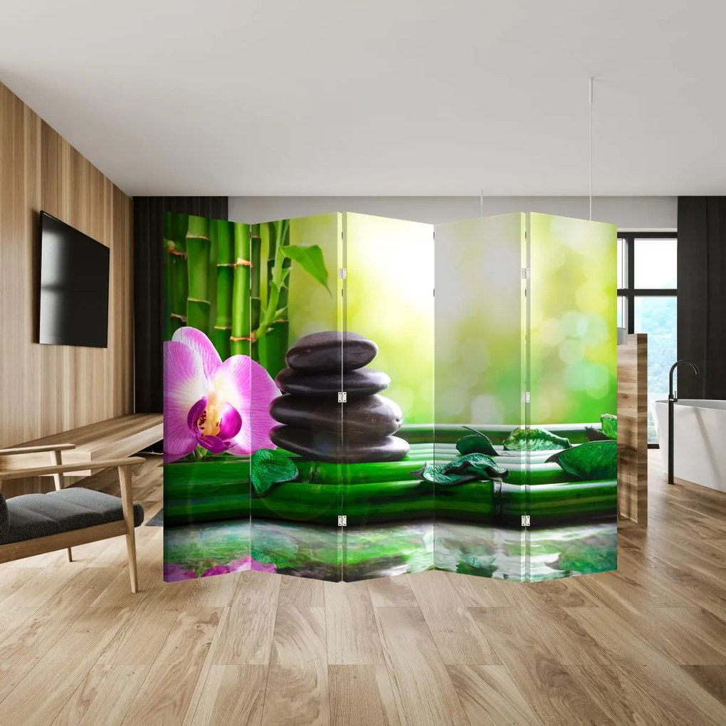 Paraván - Masážne kamene a orchidey na vode (210x170 cm)