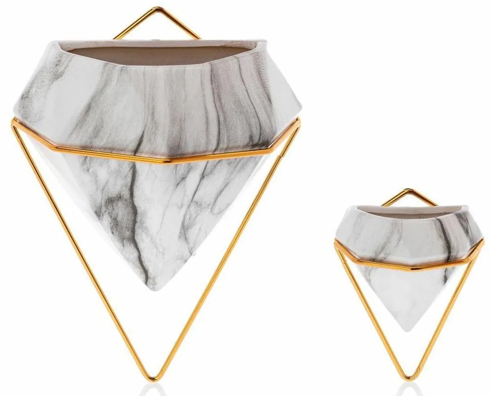 NÁSTENNÝ KERAMICKÝ KVETINÁČ SEMELA SADA 2KS 23X20X11,5 CM+14X10X6 CM BIELA/ZLATÁ