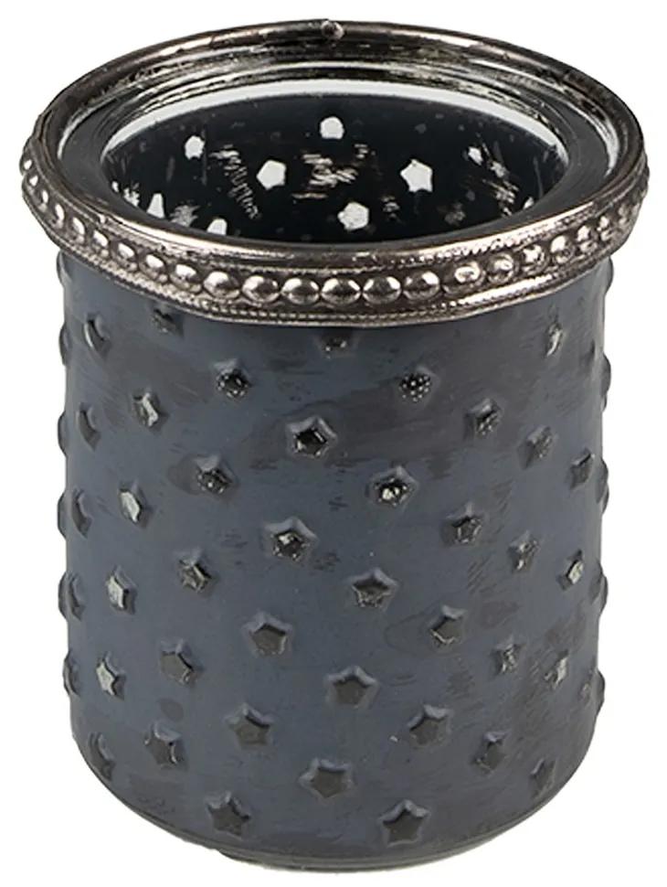 Šedý sklenený svietnik na čajovú sviečku so ozdobným lemom - Ø 6*7 cm
