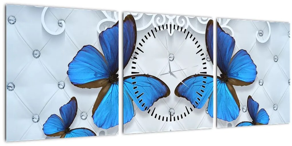 Obraz - Modré motýle (s hodinami) (90x30 cm)