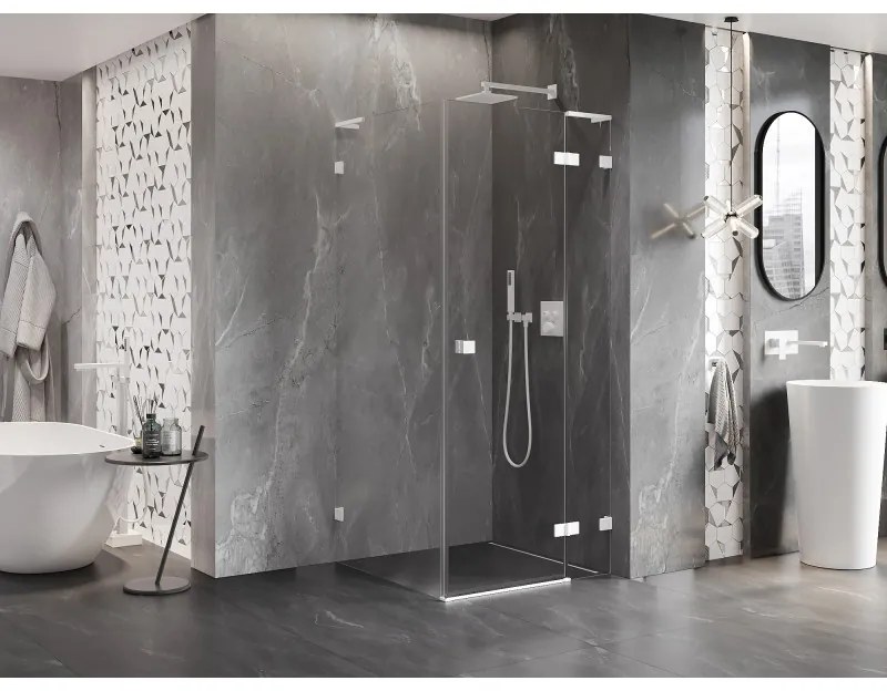 Mexen Lunar, L pravý výklopný sprchový kút 70 x 70 cm, 8mm číre sklo, biely profil, 834L-070-070-20-00-P