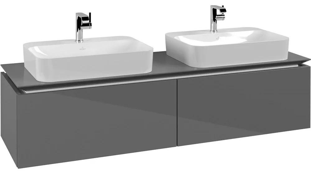 VILLEROY &amp; BOCH Legato závesná skrinka pod dve umývadlá na dosku, 2 zásuvky, 1600 x 500 x 380 mm, Glossy Grey, B76700FP
