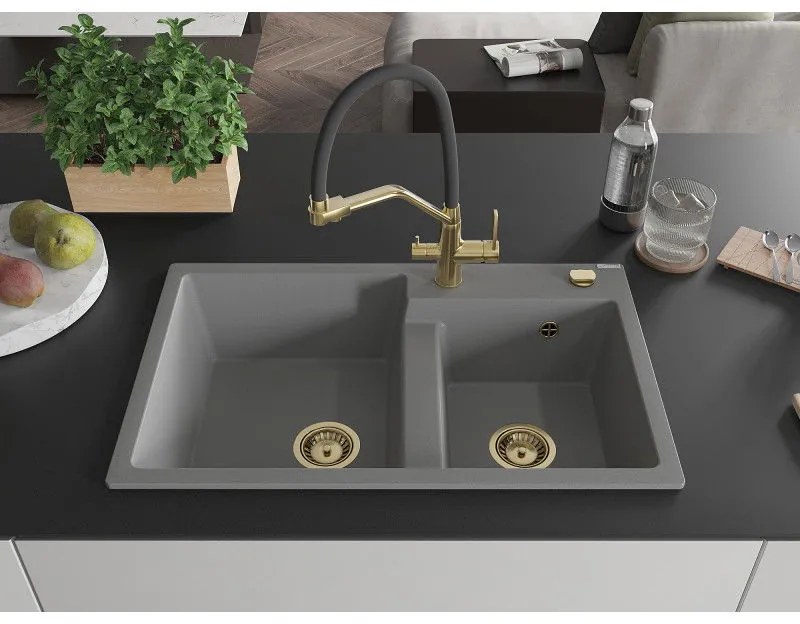 Mexen Tomas, 2-komorový granitový drez 800x500x190 mm a kuchynská batéria Duo, šedá, 6516-71-671701-57-G