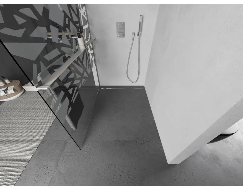 Mexen Kioto+, sprchová zástena Walk-In s poličkou a vešiakom 140 x 200 cm, 8mm číre sklo biely vzor, brúsená oceľ profil, 800-140-121-97-85