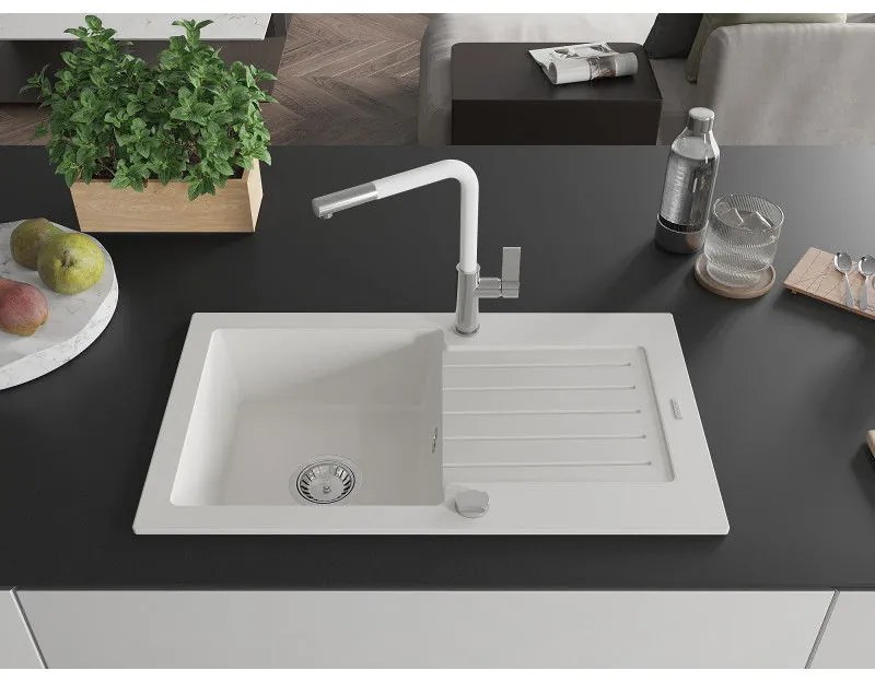 Mexen Pablo, 1-komorový granitový drez 752x436x161 mm a drezová batéria Flora, biela, 6510-20-670401-02