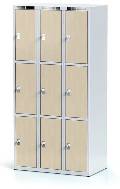 Alfa 3 Šatníková skrinka s úložnými boxami, 9 boxov 300 mm, laminované dvere čerešňa, cylindrický zámok