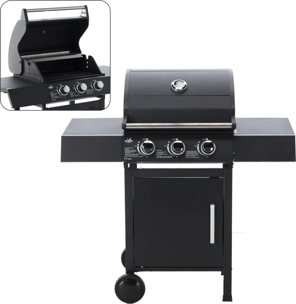 Záhradný plynový gril s 3 horákmi 8,1 kW - čierna