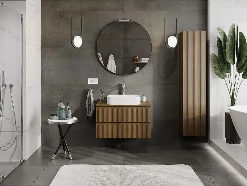 Mexen Rivel, kúpeľňová skrinka 80 cm s hornou časťou, 2 zásuvky, drážkovaná, orech, 91A20-08047-2-BFFC86