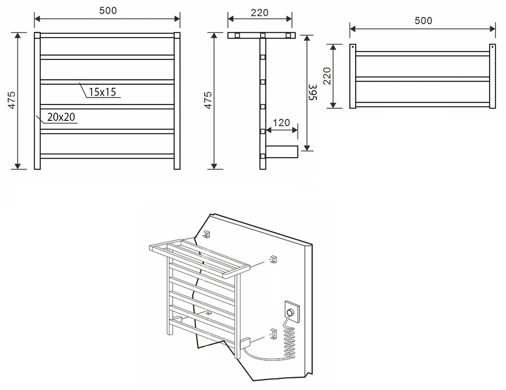 Sapho Sapho, ELZOR Elektrický sušiak uterákov 500x470mm, 60W, čierna matná, EB510
