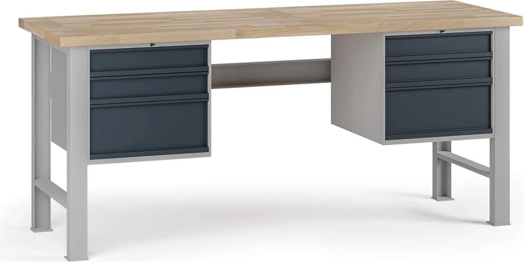 Dielenský pracovný stôl G7, buková škárovka, 2000 x 800 x 840 mm, 2x kontajner, 6 zásuviek, grafit