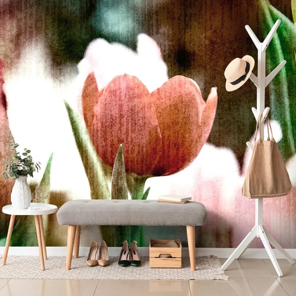 Samolepiaca tapeta lúka tulipánov v retro štýle - 300x270