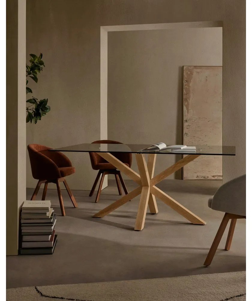 Sklenený jedálenský stôl s prírodným podnožím Kave Home, 160 x 90 cm