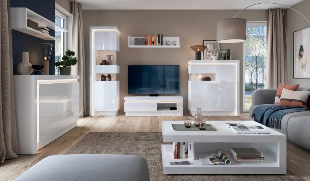 Vysoká vitrína Lyon, biela lesk, s osvetlením, pravá