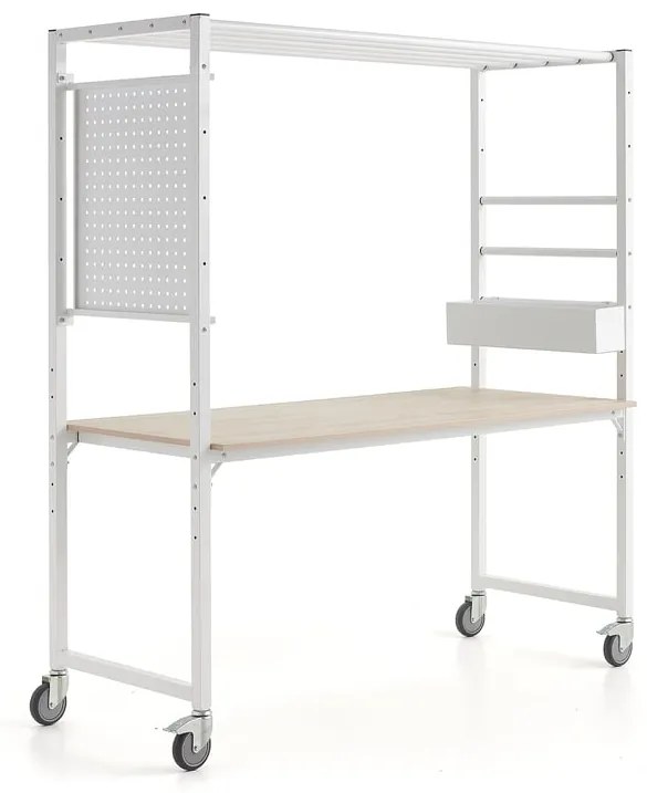 Mobilný stôl TEAMWORK, box na príslušenstvo, panel na náradie, biela/jaseň