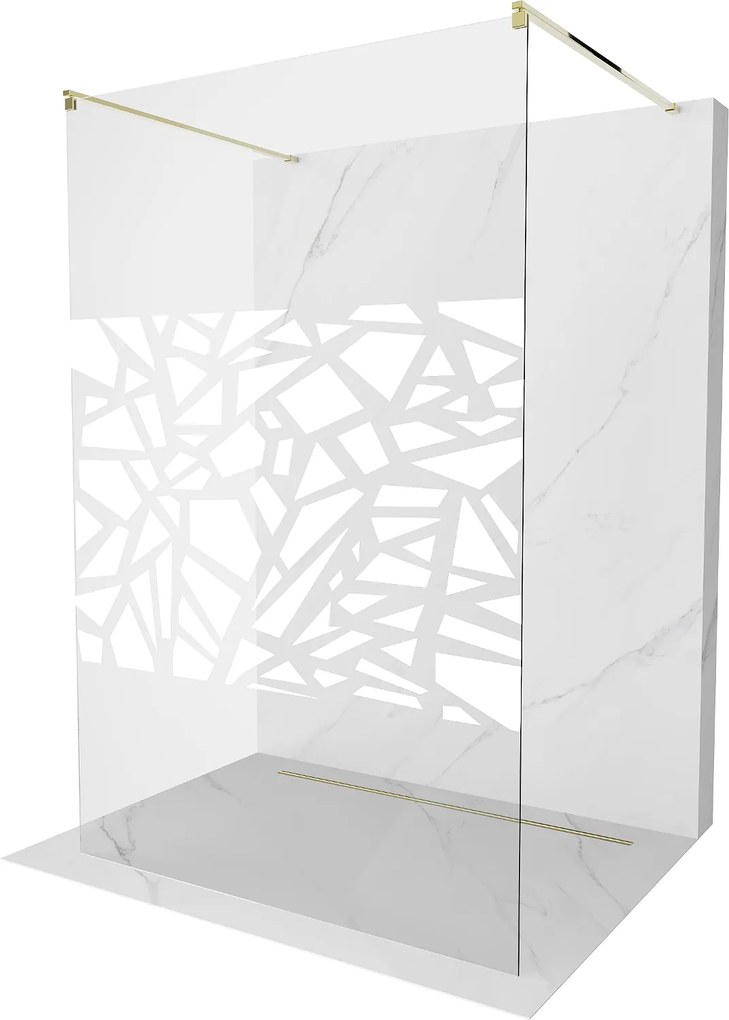 Mexen Kioto, priechodná sprchová zástena 130 x 200 cm, 8mm sklo číre/biely vzor, 2x zlatá stabilizačná rozpera, 800-130-002-50-85