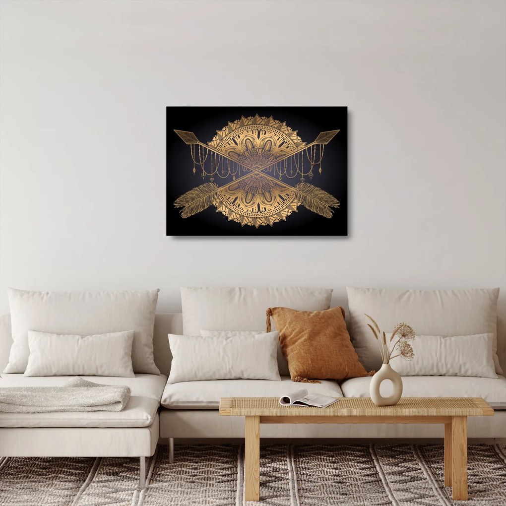 Sklenený obraz - Zlatá mandala s šípmi (70x50 cm)