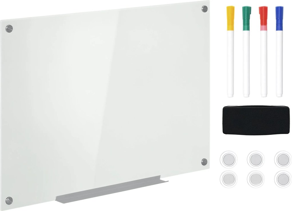 Vinsetto Magnetická Tabuľa s Bielej Skla s 4 Pera, 6 Magnetmi, 1 Houbou, 1 Poličkou, Nástenný Stojan na Sklo, Ľahké Utieranie 90 x 60 cm | Aosom