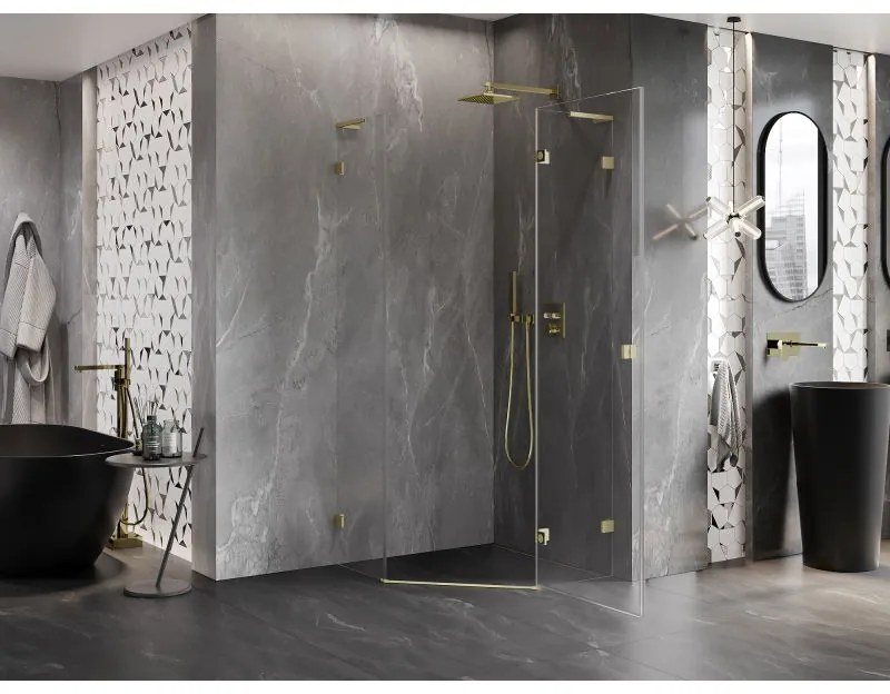 Mexen Lunar, L pravý výklopný päťuholníkový sprchový kút 100x100 cm, 8mm číre sklo, zlatý matný profil, 831L-100P-100L-55-00-P