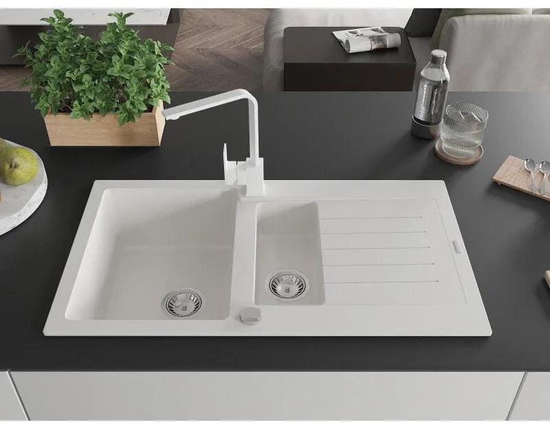 Mexen Matias, granitový drez 900x505x200 mm, 1,5-komorový a biela batéria Rita, biela, 6502-20-670300-20