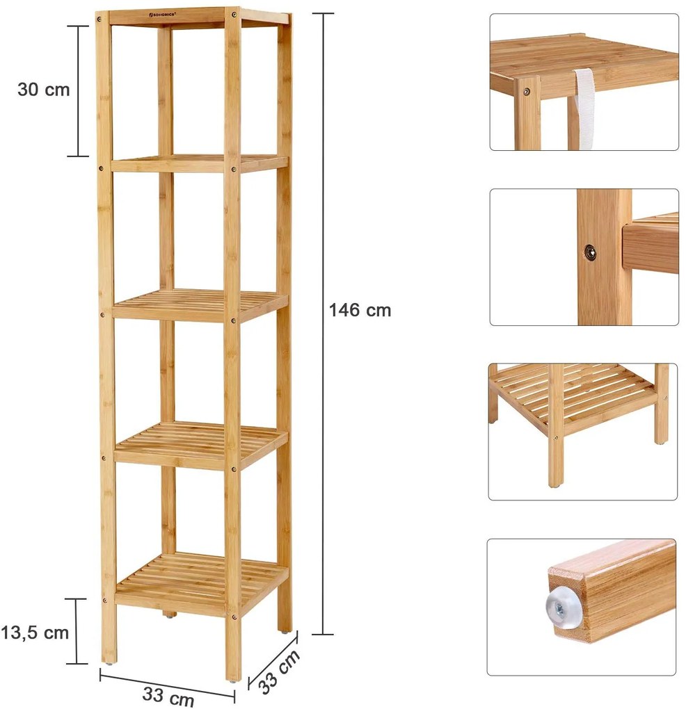 SONGMICS Bambusový regál 5 políc prírodný 33x146 cm