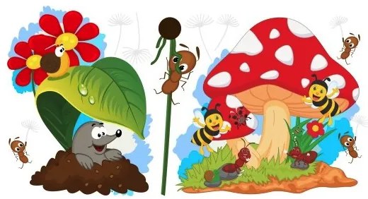 Radostná farebná nálepka na stenu krtko a muchotrávka 60 x 120 cm
