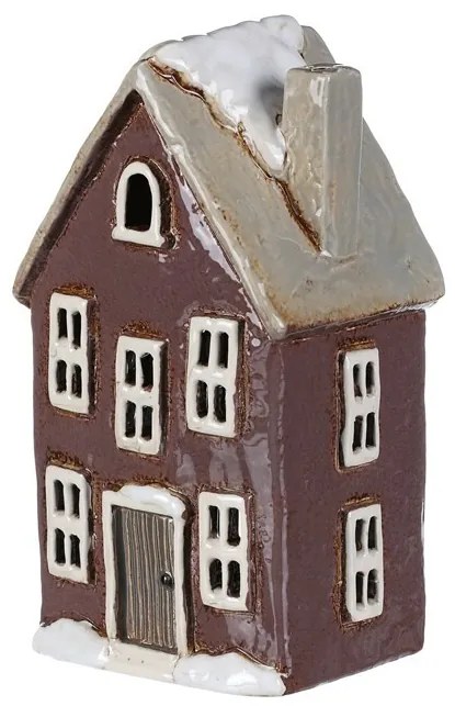 Vianočná dekorácia Zimný domček s komínom, keramika, tm. fialová