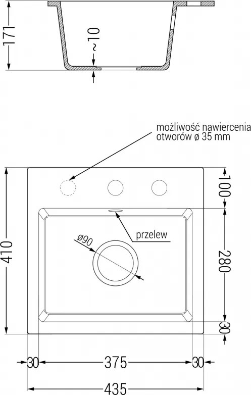 Mexen Milo, granitový drez 435x410x171 mm, 1-komorový, biela s čiernym sifónom, 6505441000-20-B