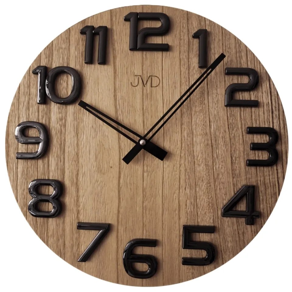 Moderné drevené nástenné hodiny JVD HT97.4 s 3D číslicami – 40 cm