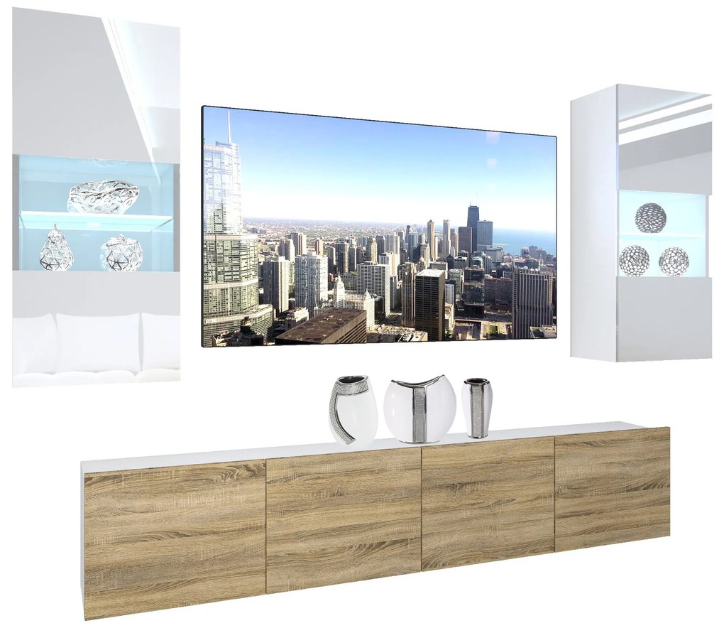 Obývacia stena Belini Premium Full Version biely lesk / dub sonoma + LED osvetlenie Nexum 102