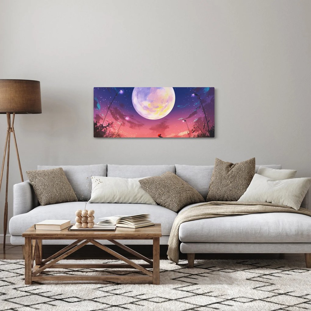 Obraz - Žena a pes pri splne (120x50 cm)