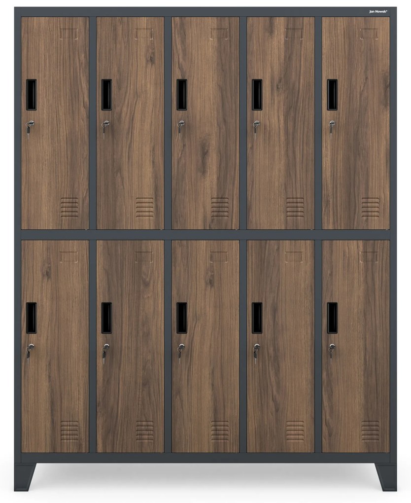 Kovová šatňová boxová skriňa na nôžkach s 10 boxami BARTEK, 1360 x 1720 x 450 mm, Eco Design: antracitová/ dub sonoma