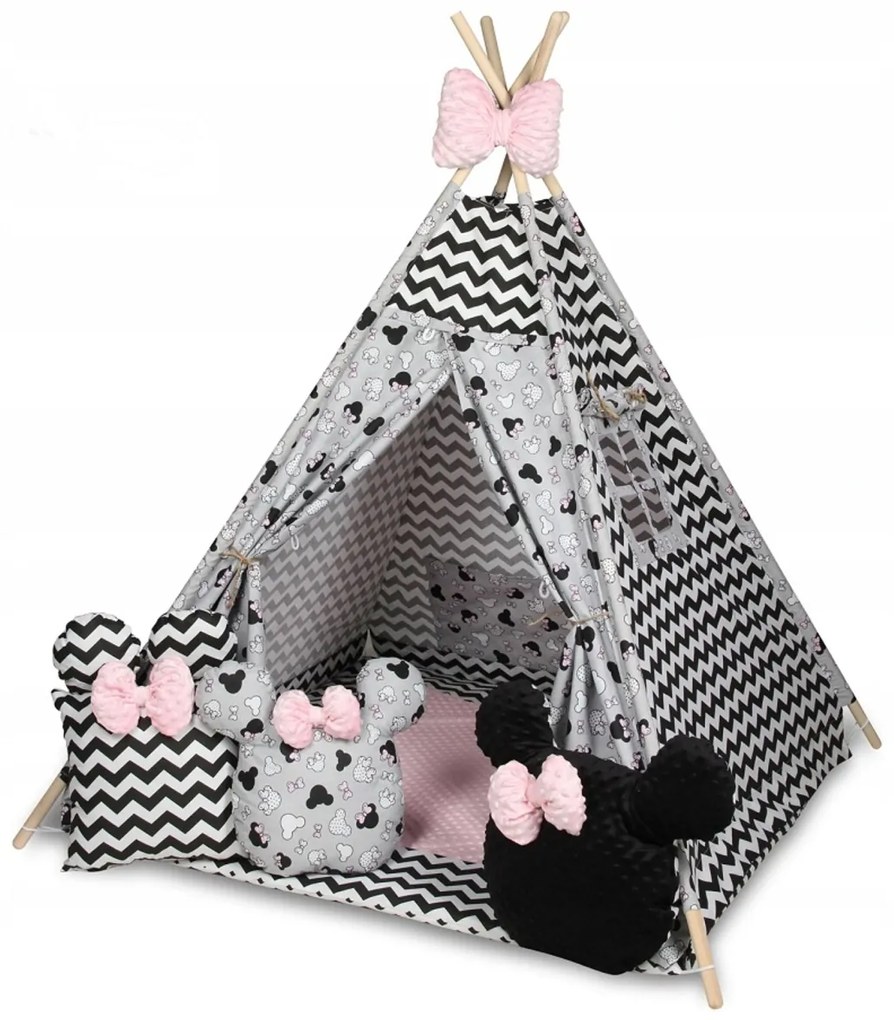 Baby Nellys Stan pro děti týpí s velkou výbavou, ZigZag, šedá, čierna, růžová