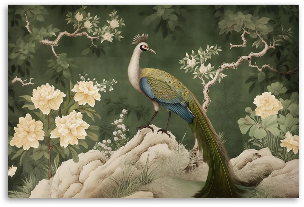 Gario Obraz na plátne Orientálny páv na zelenom pozadí Rozmery: 60 x 40 cm