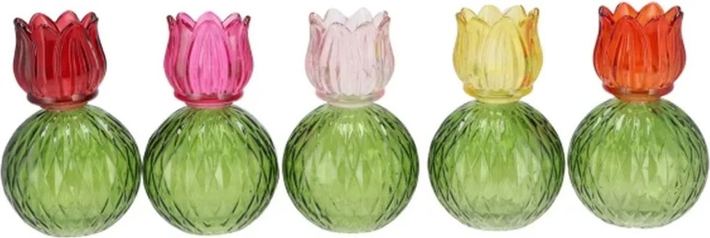 5ks farebný mix sklenený svietnik / váza tulipán Love Tulip - Ø 11*17 cm
