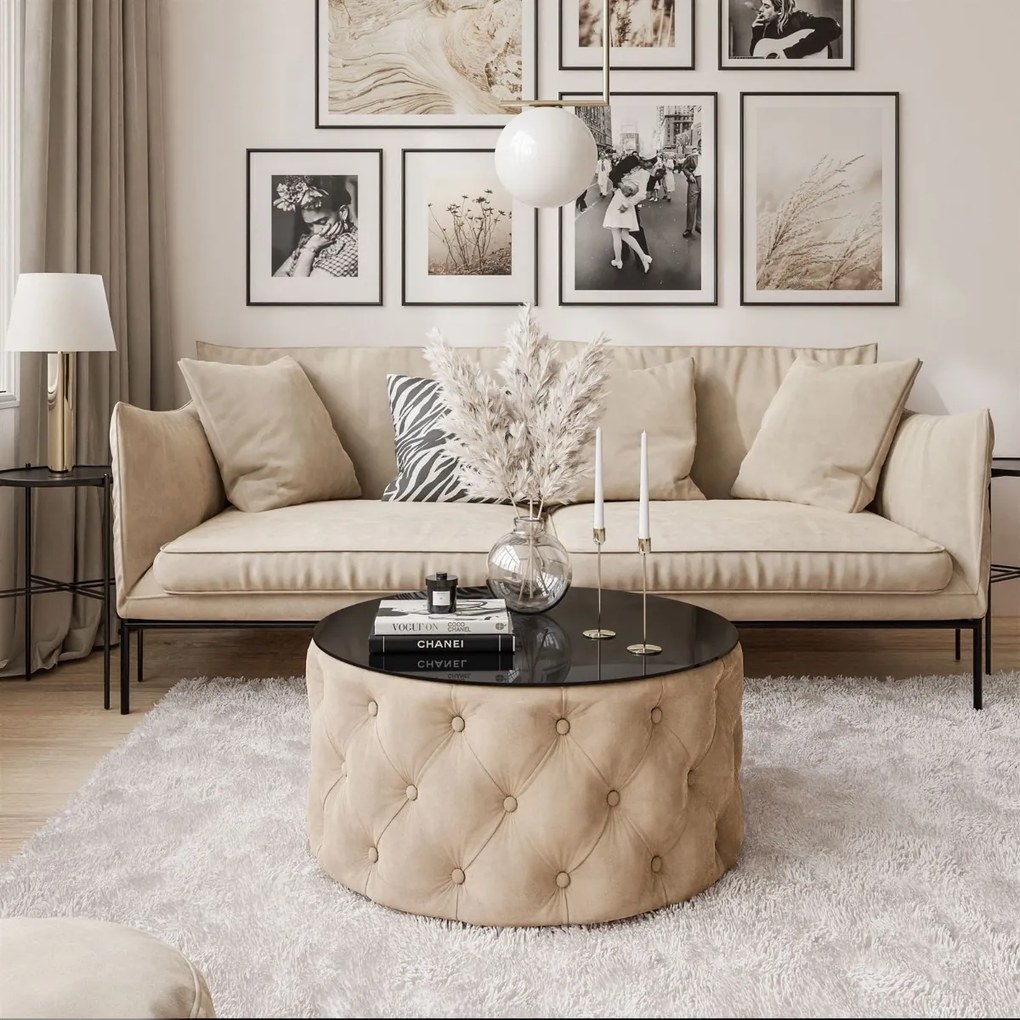 KONFERENČNÝ STOLÍK CARLY 70 cm CHESTERFIELD + ČIERNE SKLO FRENCH VELVET 675