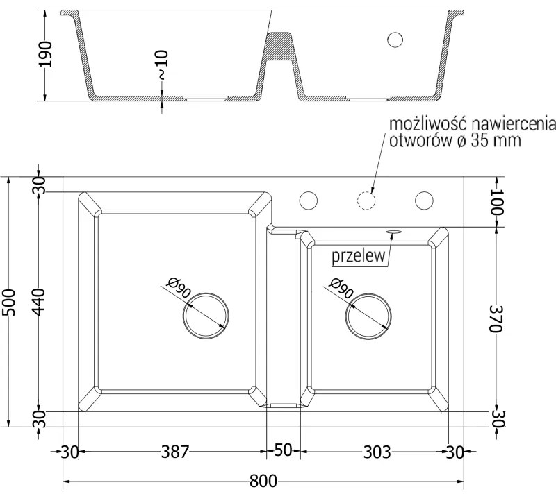 Mexen Tomas, granitový drez 800x500x190 mm, 2-komorový a čierna batéria Telma, čierna-strieborná metalíza, 6516-73-670200-70-B
