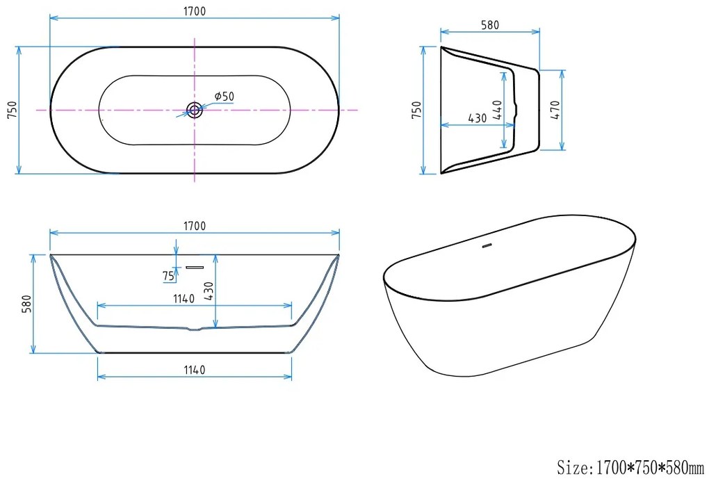 Erga Kaia, voľne stojaca vaňa 170x75 cm + odtoková zátka, biela lesklá, ERG-Kaia-170075-WH-WH