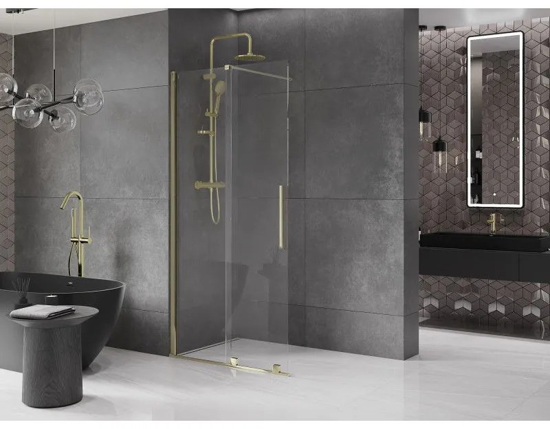 Mexen Velar, posuvné dvere do otvoru typ Walk-In 90 cm, 8mm číre sklo, zlatá lesklá, 871-090-000-03-50