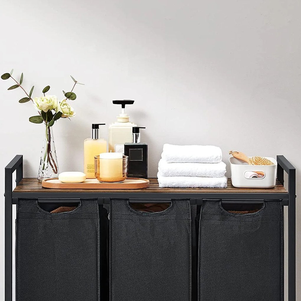 Kôš na bielizeň, s 3 vyťahovacími a odnímateľnými vakmi, 3 x 38 L, čierny