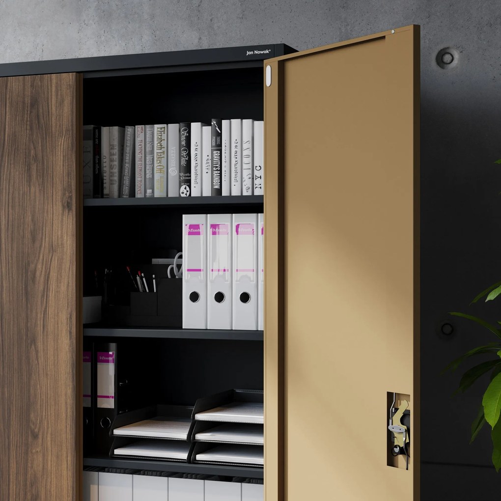 Kancelárska kovová skrinka na dokumenty JAN II, Eco Design: antracit/orech