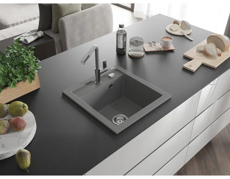 Mexen Vito, 1-komorový granitový drez 490x520x210 mm a drezová batéria Flora, šedá, 6503-71-670401-06