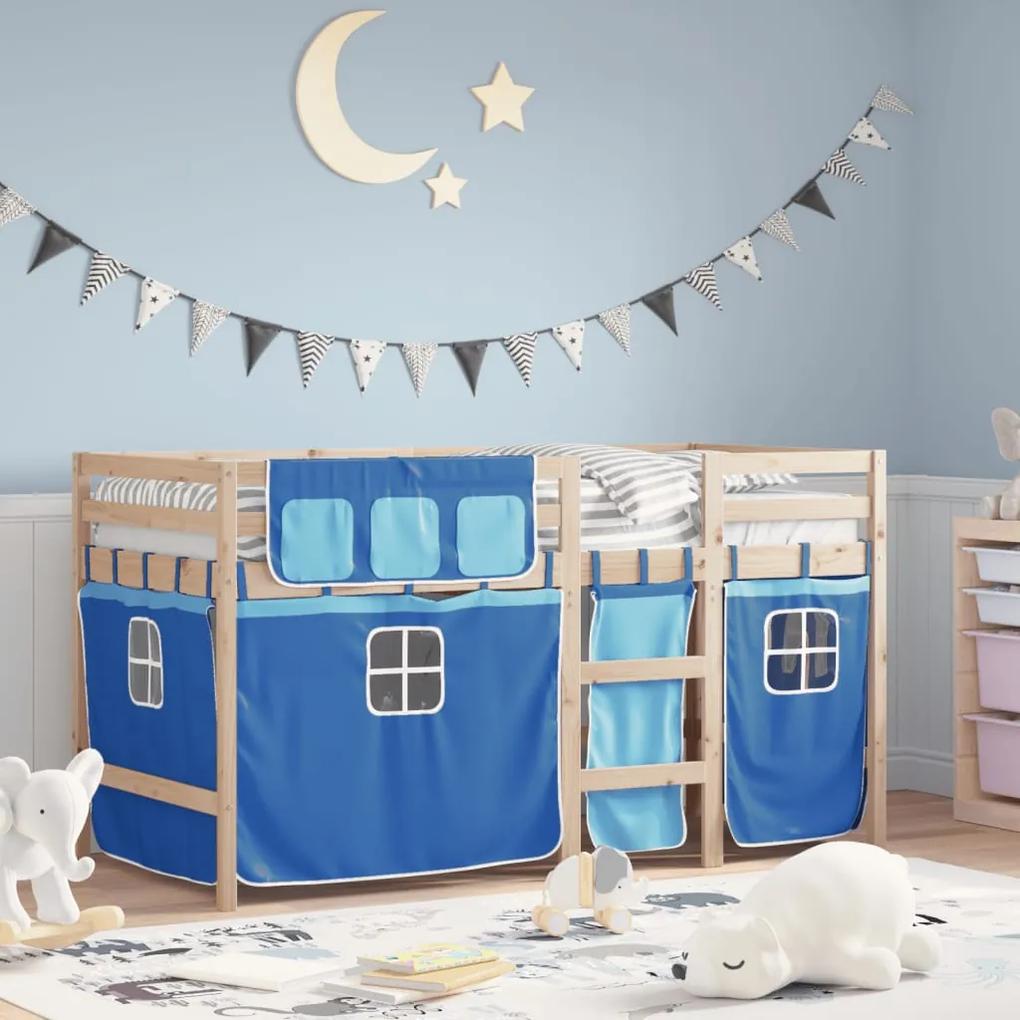 Detská vyvýšená posteľ závesy modrá 90x200 cm masívna borovica 3283818