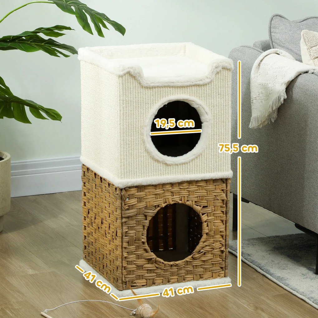 PawHut Interiér Mačky Niche 3-Level Mačací Veža s Ovným Horným Pódiom, Sisalový Škrabací Bar pre Domáce Zvieratá do 6 kg, 41 x 41 x 75.5 cm, Krémová |