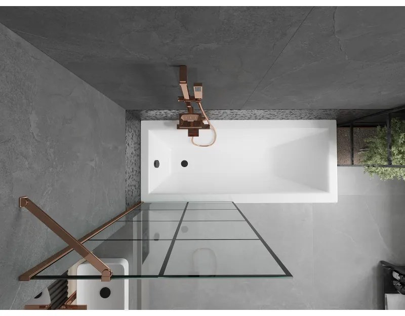 Mexen Next, vaňová zástena 1-krídlová 80 x 150 cm, fixné krídlo, 6 mm číre sklo s čiernym vzorom, ružové zlato profil, 895-080-000-00-77-60