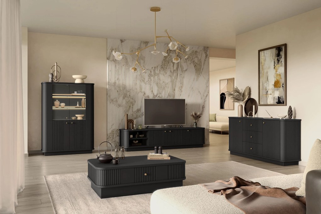 Čierny konferenčný stolík Vesper 103x60 cm so zásuvkou na sokli - zlatá úchytka