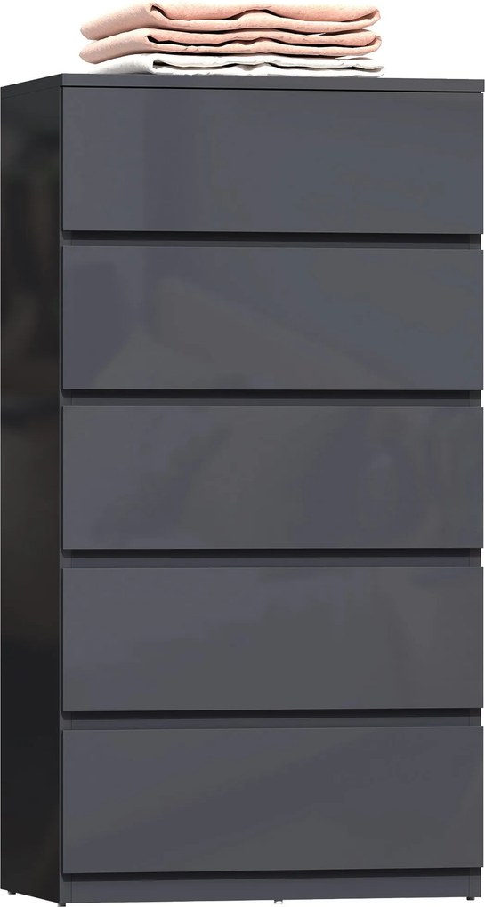 HOMCOM komoda 5 zásuviek, vysoký lesk, s tichým dovieraním, bezúchytová — 53 × 34 × 100 cm (sivá) | Aosom