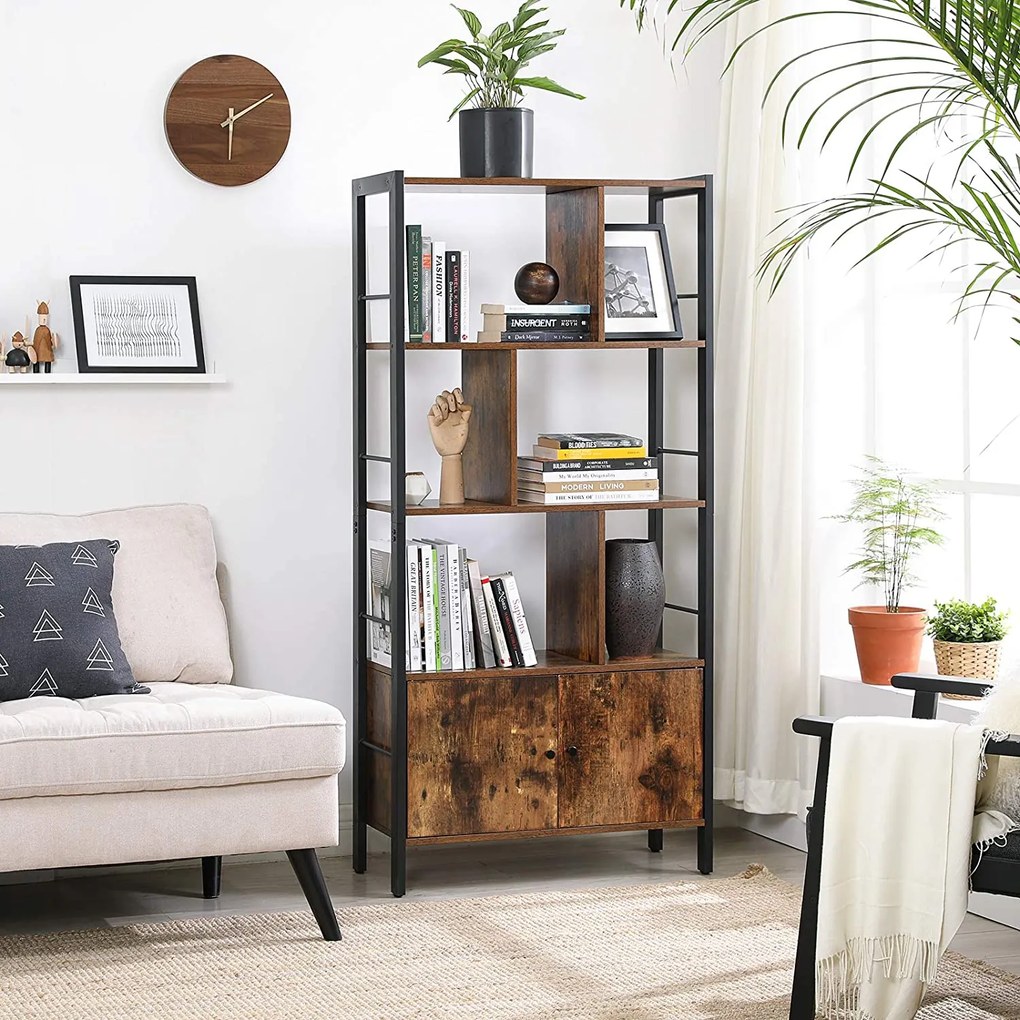 Knižnica so 4 policami a dvierkami, polica na knihy, rustikálna hnedá